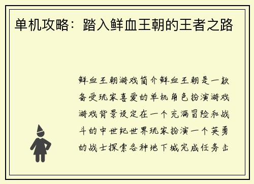 单机攻略：踏入鲜血王朝的王者之路